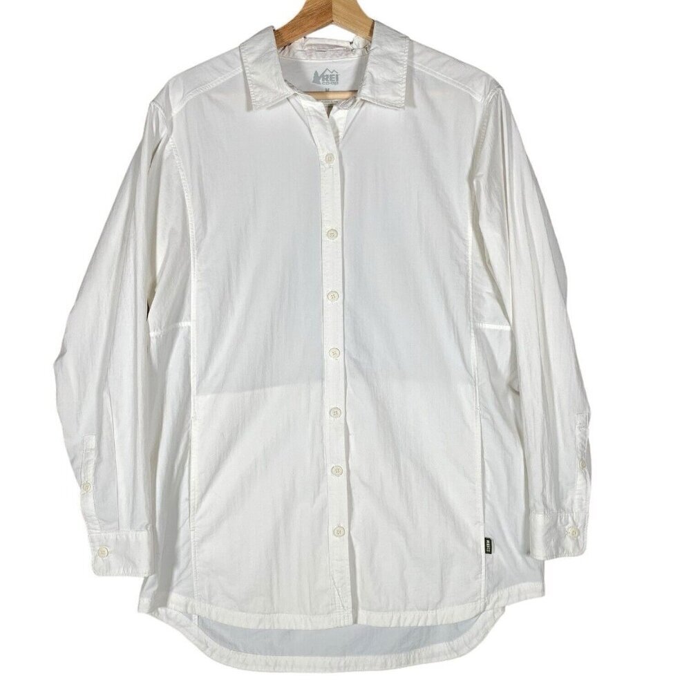REI Co-op Shirt Women's M White Button Down Long Sleeve Nylon Hip Pockets Hiking